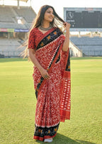 PURE MULMUL COTTON IKKAT HAND BLOCK PRINT RED SAREE WITH BLOUSE