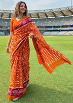 PURE MULMUL COTTON IKKAT HAND BLOCK PRINT ORANGE SAREE WITH BLOUSE