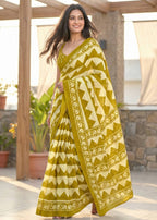 PURE MULMUL COTTON ZIGZAG HAND BLOCK PRINT MUSTURD SAREE WITH BLOUSE