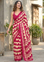 PURE MULMUL COTTON ZIGZAG HAND BLOCK PRINT PINK SAREE WITH BLOUSE