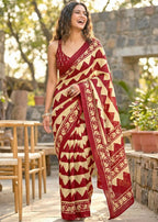 PURE MULMUL COTTON ZIGZAG HAND BLOCK PRINT MAROON SAREE WITH BLOUSE