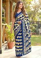 PURE MULMUL COTTON ZIGZAG HAND BLOCK PRINT BLUE SAREE WITH BLOUSE