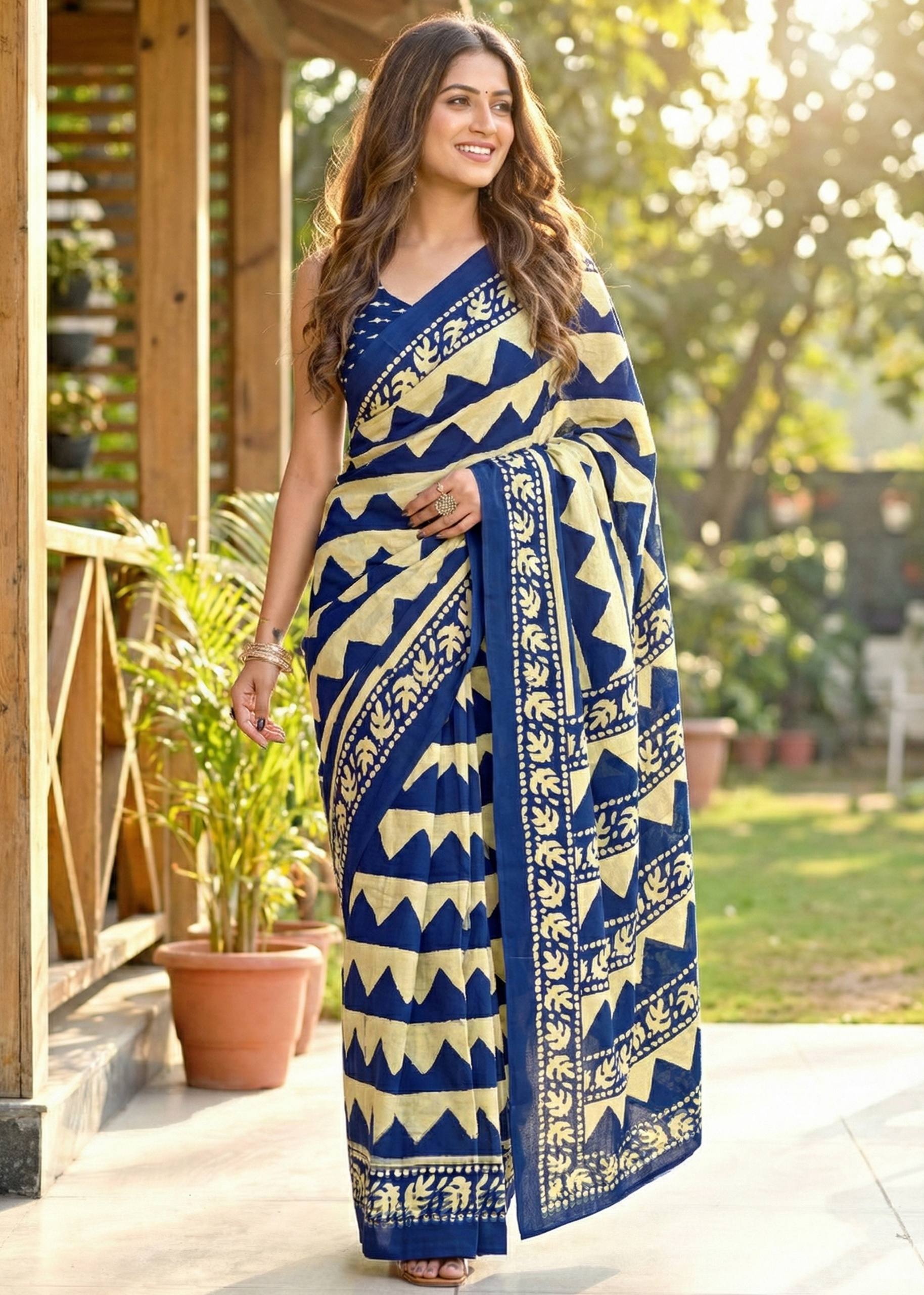 PURE MULMUL COTTON ZIGZAG HAND BLOCK PRINT BLUE SAREE WITH BLOUSE