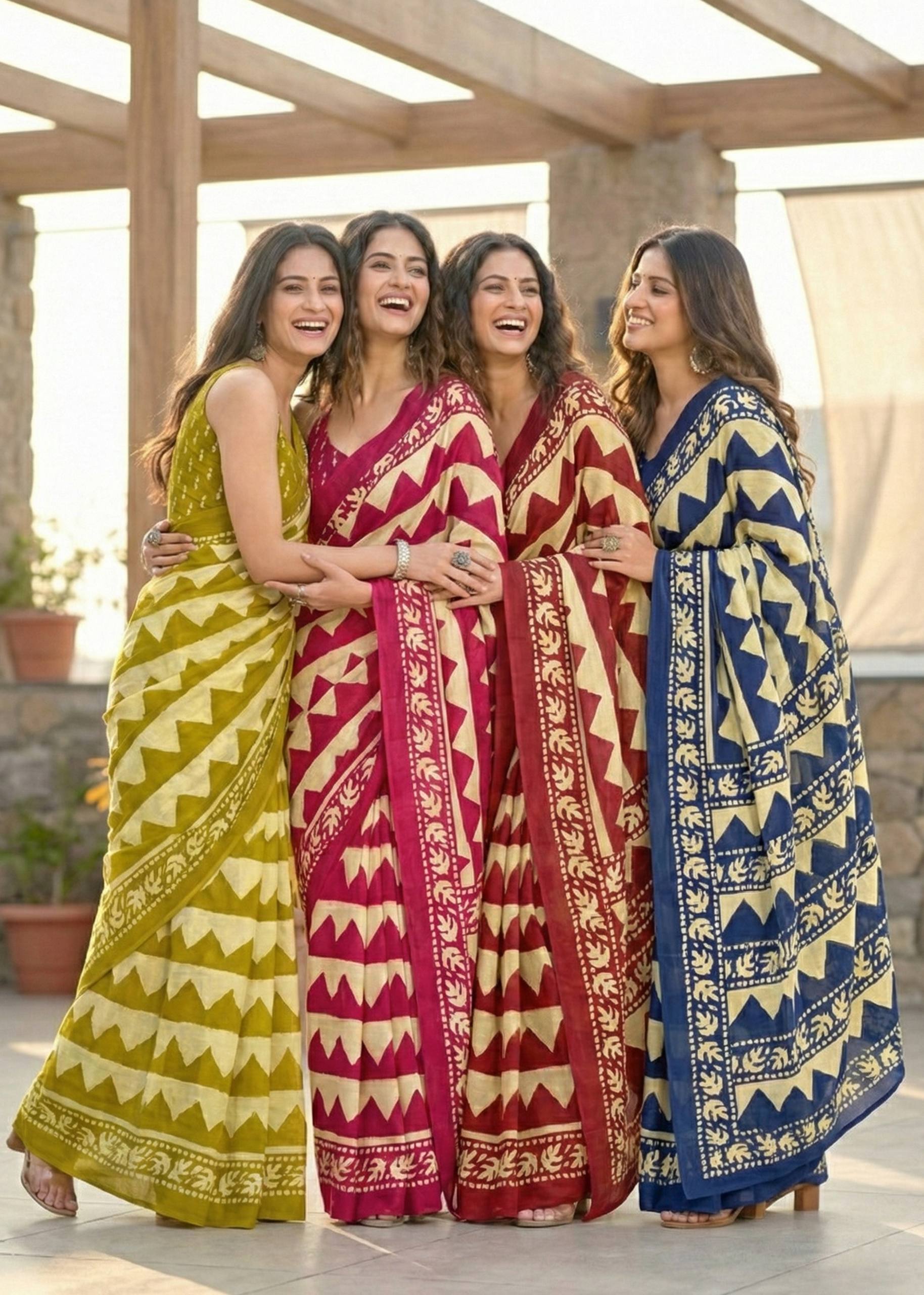 PURE MULMUL COTTON ZIGZAG HAND BLOCK PRINT BLUE SAREE WITH BLOUSE