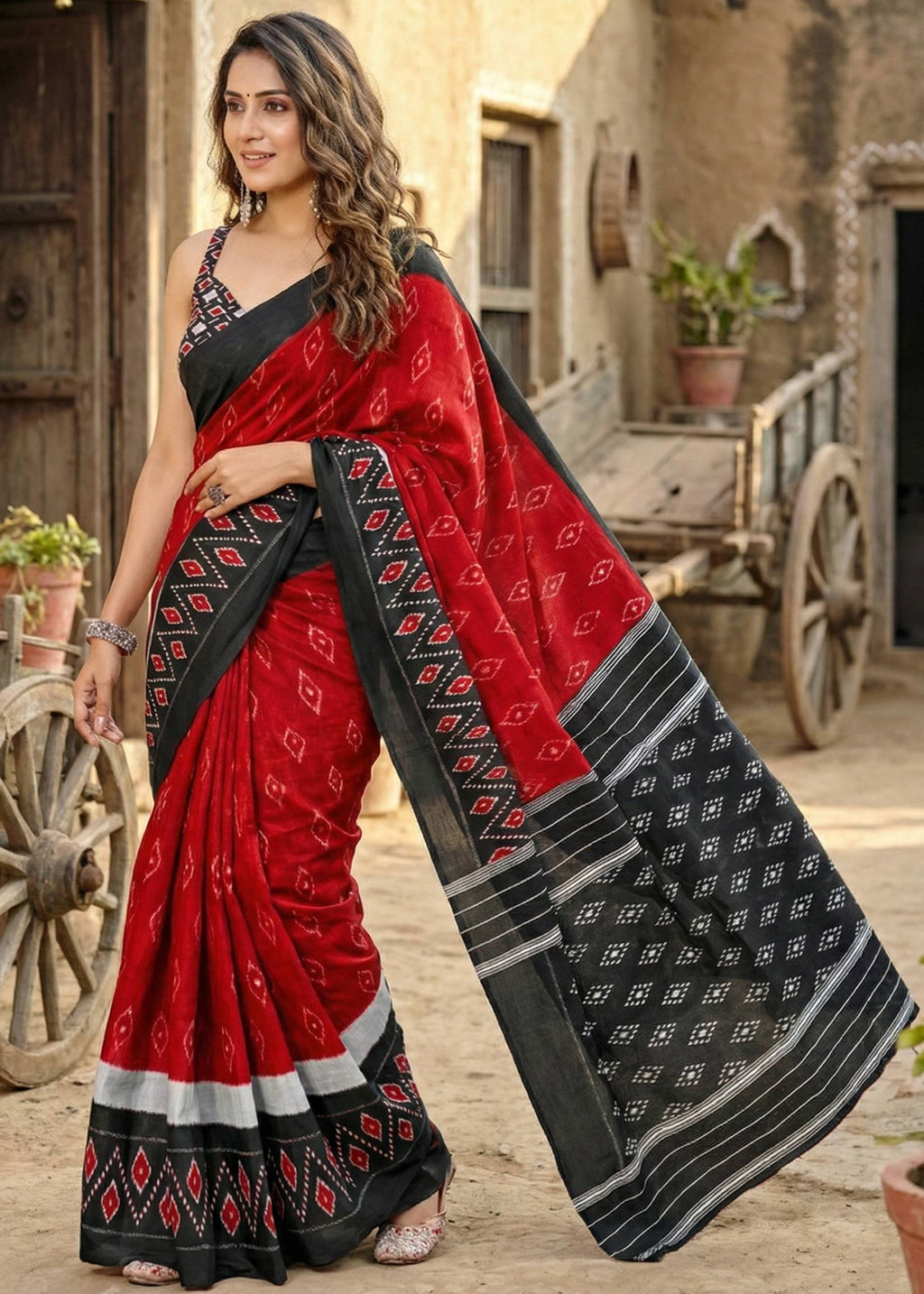 PURE MULMUL COTTON IKKAT POCHAMPALLY HAND PRINT RED SAREE WITH BLOUSE