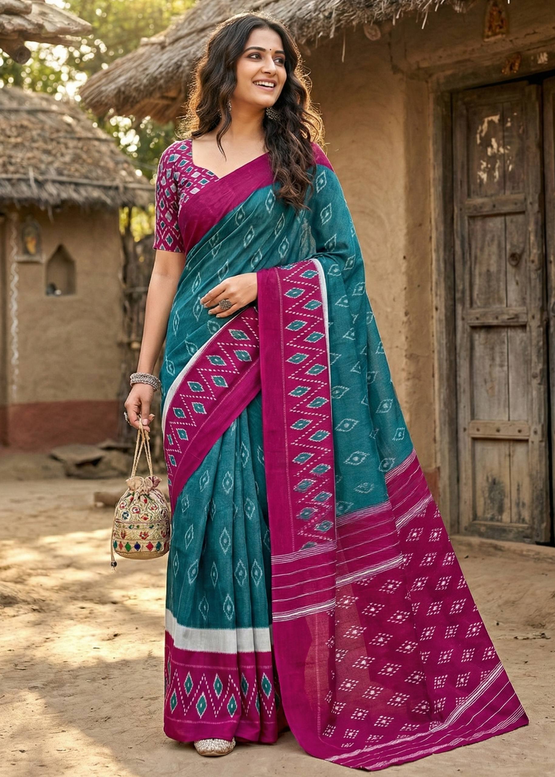 PURE MULMUL COTTON IKKAT POCHAMPALLY HAND PRINT BLUE SAREE WITH BLOUSE