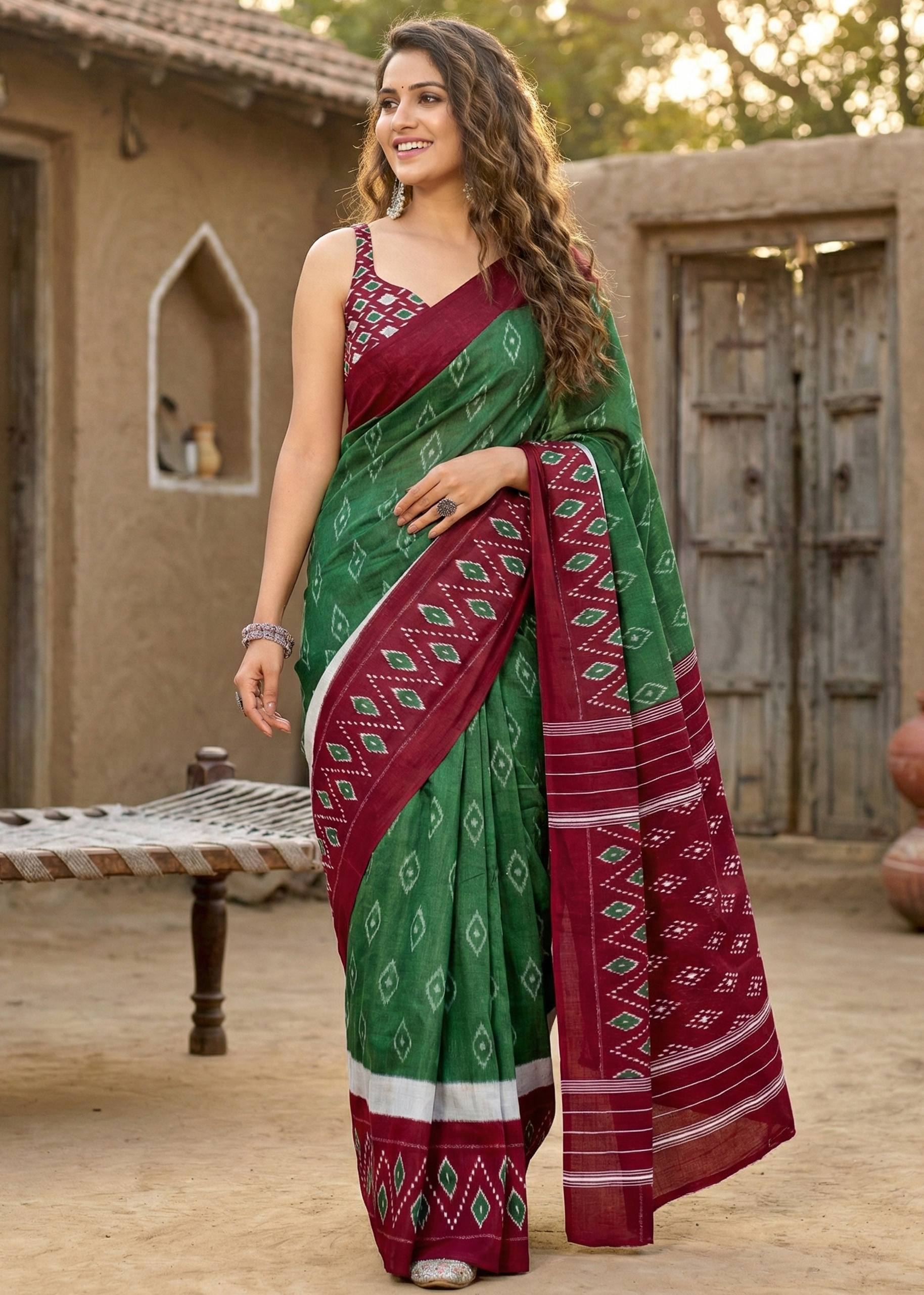PURE MULMUL COTTON IKKAT POCHAMPALLY HAND PRINT GREEN SAREE WITH BLOUSE