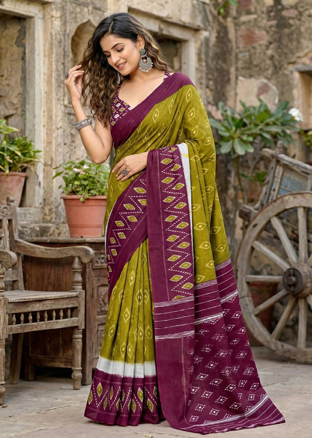 PURE MULMUL COTTON IKKAT POCHAMPALLY HAND PRINT MEHANDI GREEN SAREE WITH BLOUSE