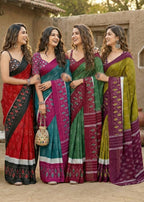 PURE MULMUL COTTON IKKAT POCHAMPALLY HAND PRINT GREEN SAREE WITH BLOUSE