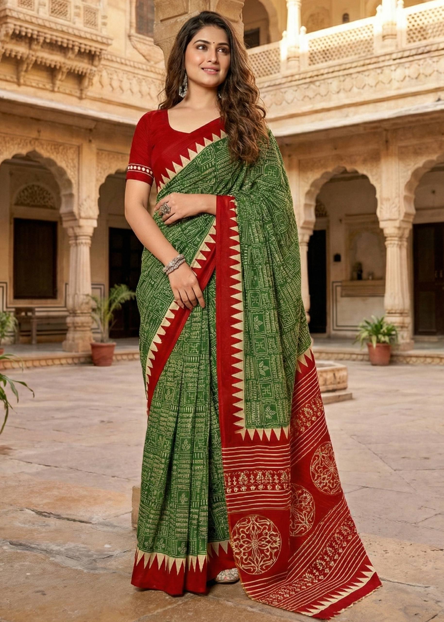 PURE MULMUL COTTON SANSKRIT MANTRAS BLOCK PRINT GREEN SAREE WITH BLOUSE