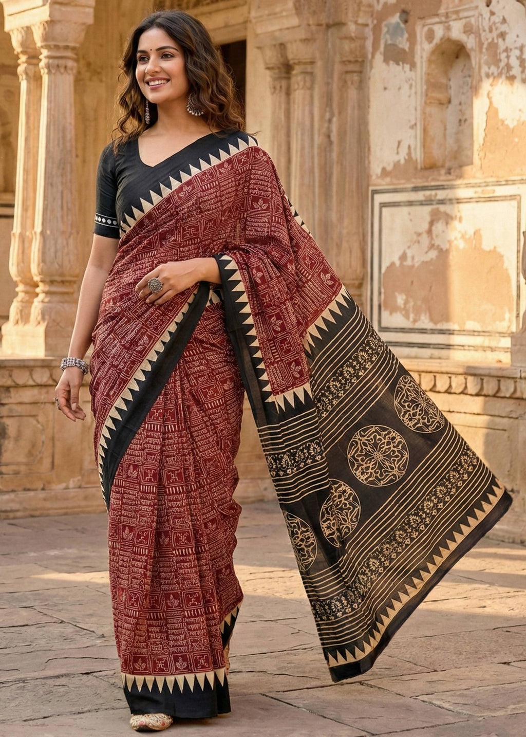 PURE MULMUL COTTON SANSKRIT MANTRAS BLOCK PRINT MAROON SAREE WITH BLOUSE