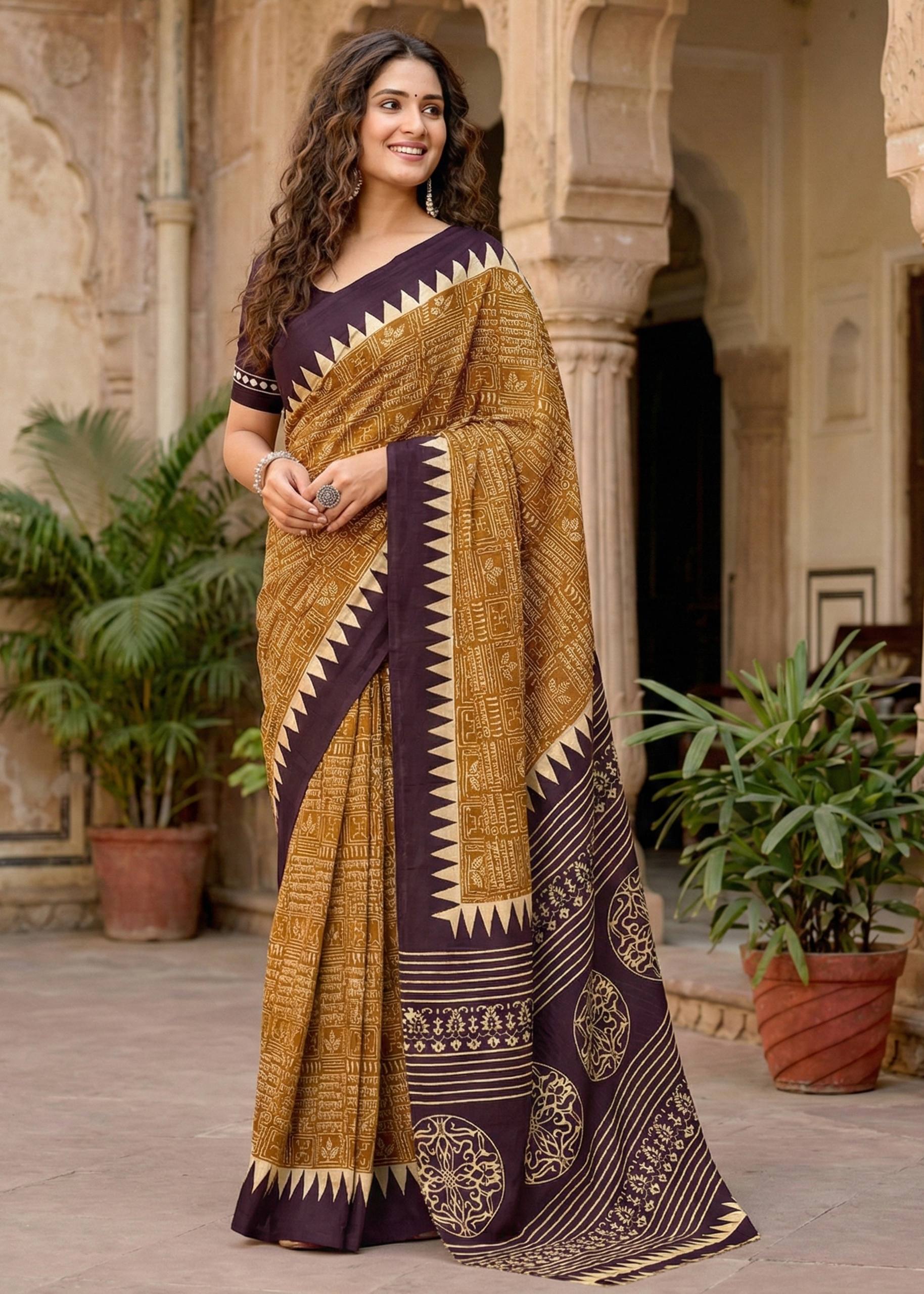 PURE MULMUL COTTON SANSKRIT MANTRAS BLOCK PRINT MUSTURD SAREE WITH BLOUSE
