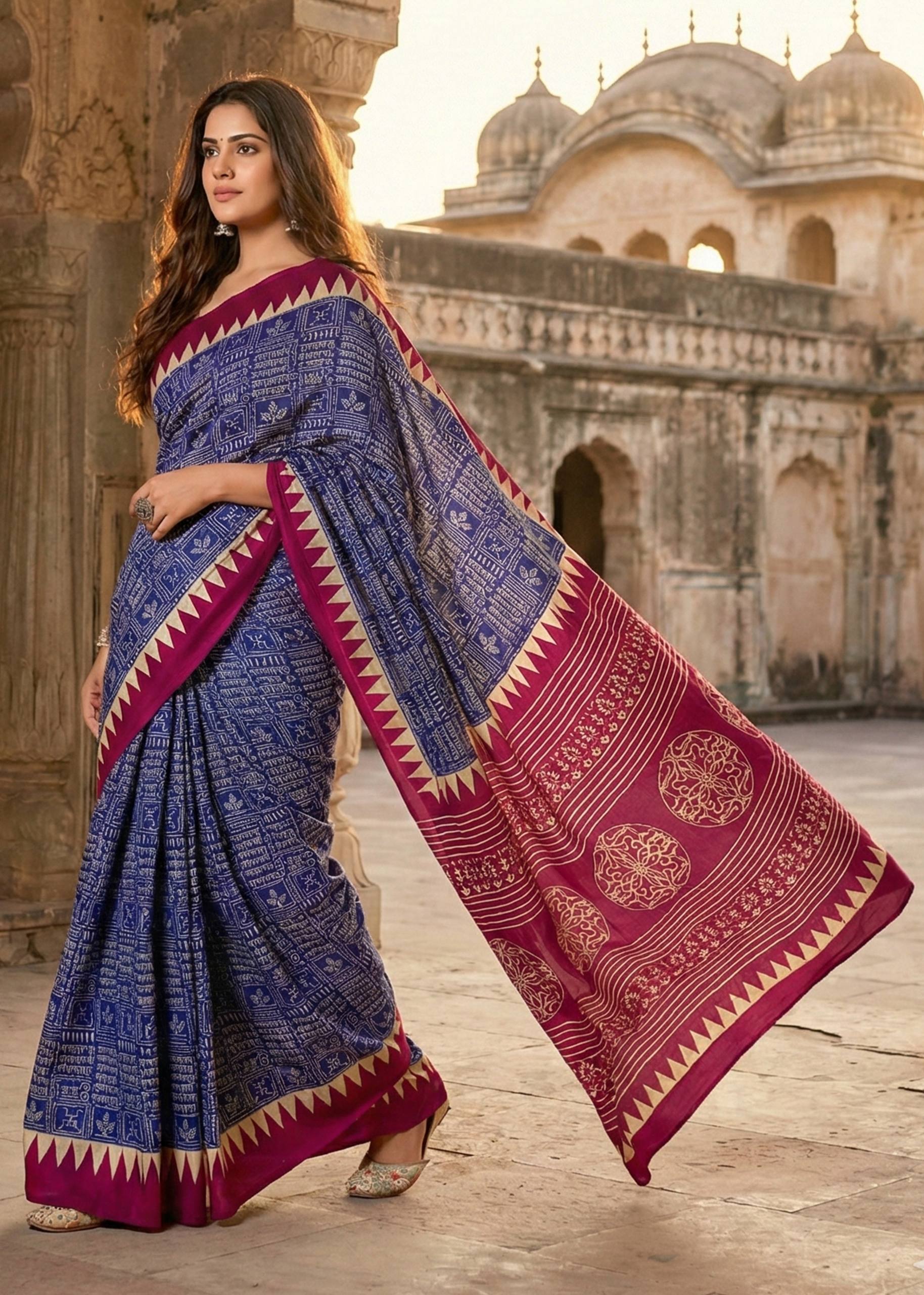 PURE MULMUL COTTON SANSKRIT MANTRAS BLOCK PRINT BLUE SAREE WITH BLOUSE