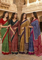 PURE MULMUL COTTON SANSKRIT MANTRAS BLOCK PRINT GREEN SAREE WITH BLOUSE