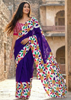 PURE MULMUL COTTON FLORAL PRINT BLOCK PRINT BLUE SAREE WITH BLOUSE