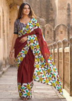 PURE MULMUL COTTON FLORAL PRINT BLOCK PRINT MAROON SAREE WITH BLOUSE
