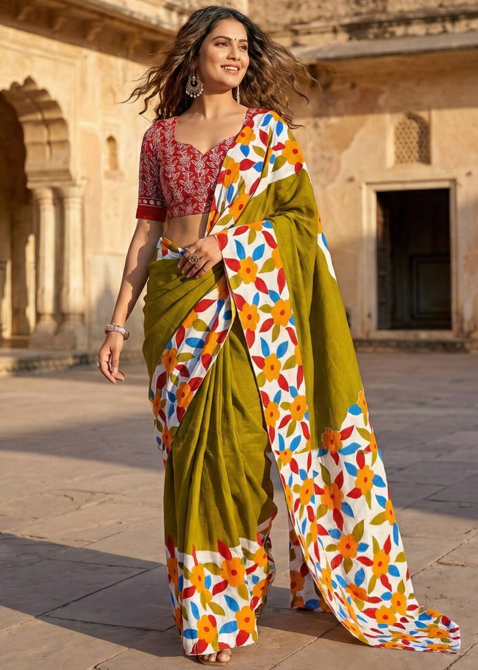 PURE MULMUL COTTON FLORAL PRINT BLOCK PRINT MEHANDI GREEN SAREE WITH BLOUSE