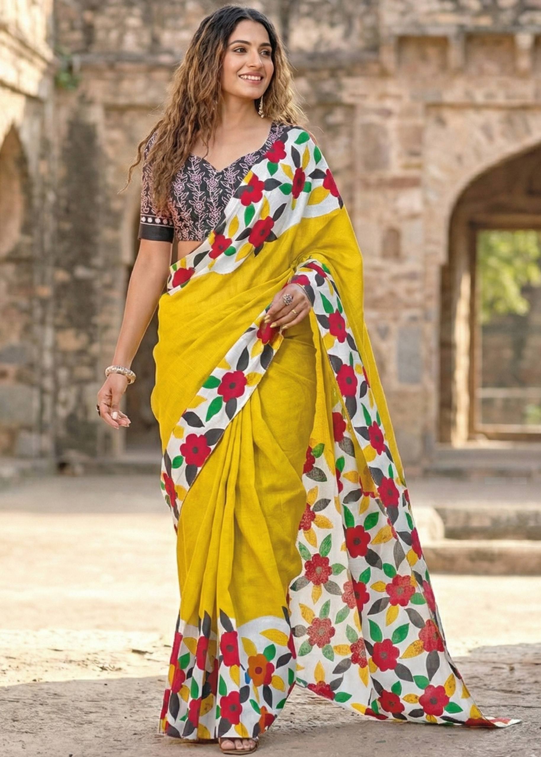 PURE MULMUL COTTON FLORAL PRINT BLOCK PRINT YELLOW SAREE WITH BLOUSE