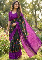 PURE MULMUL COTTON FLOWER WITH BANDHANI BLOCK PRINT BLACK SAREE WITH BLOUSE
