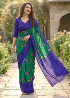PURE MULMUL COTTON FLOWER WITH BANDHANI BLOCK PRINT GREEN SAREE WITH BLOUSE