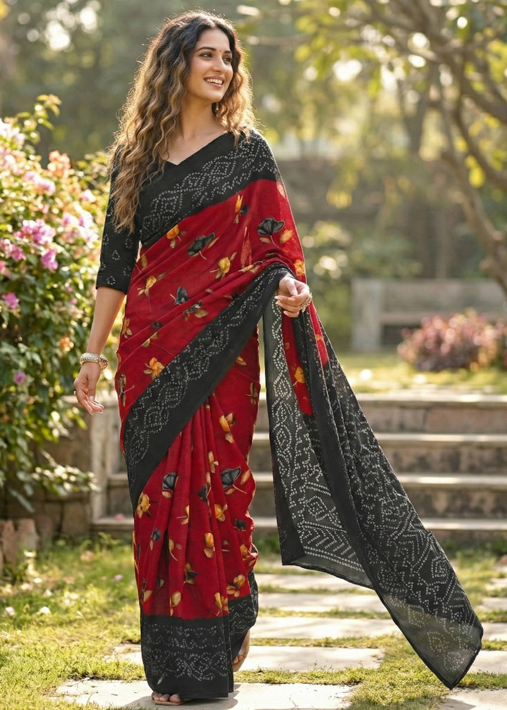PURE MULMUL COTTON FLOWER WITH BANDHANI BLOCK PRINT RED SAREE WITH BLOUSE