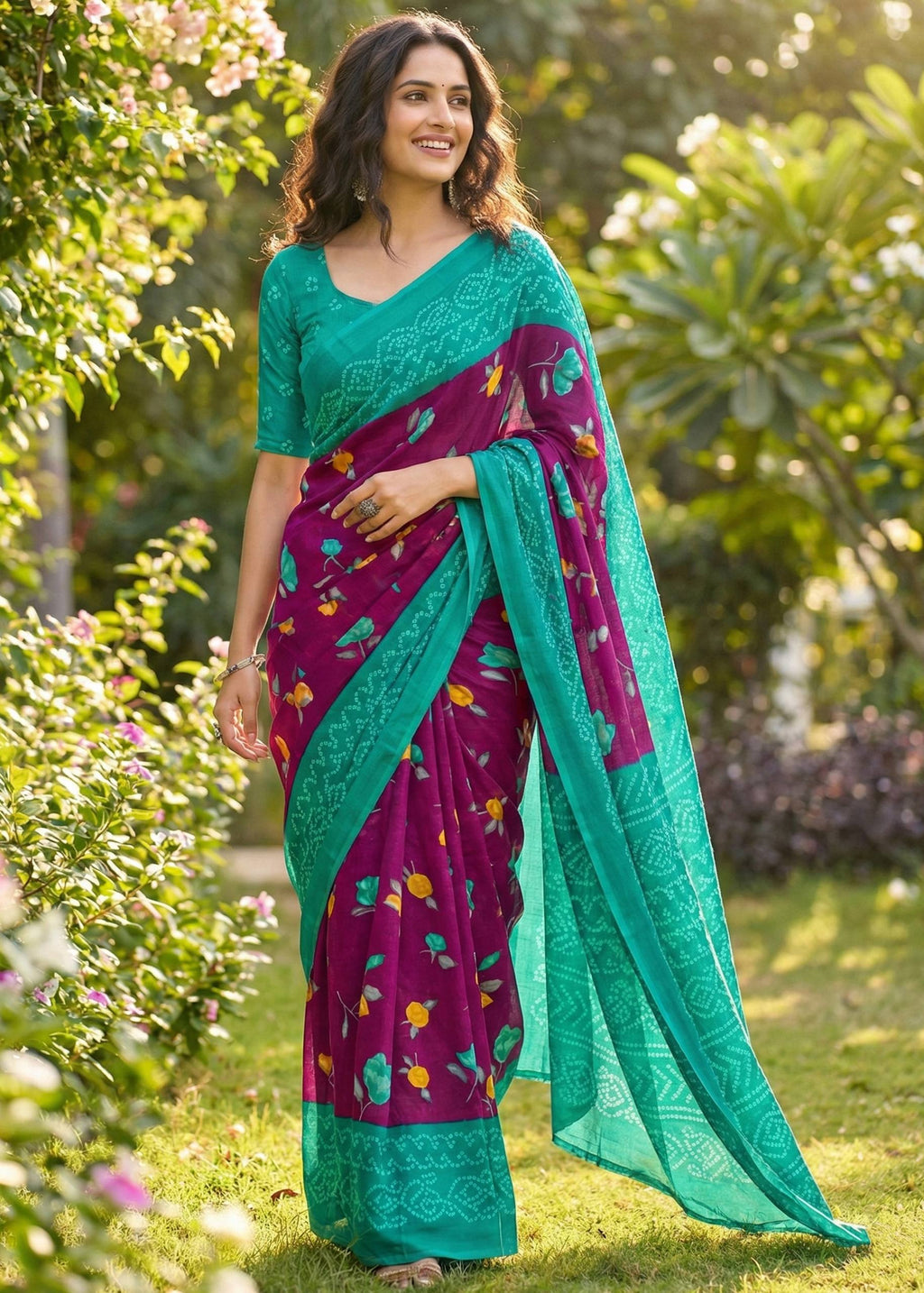 PURE MULMUL COTTON FLOWER WITH BANDHANI BLOCK PRINT PURPLE SAREE WITH BLOUSE