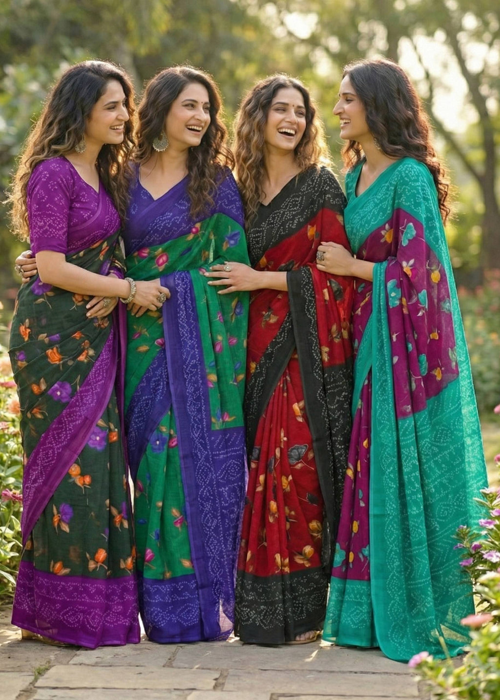 PURE MULMUL COTTON FLOWER WITH BANDHANI BLOCK PRINT GREEN SAREE WITH BLOUSE