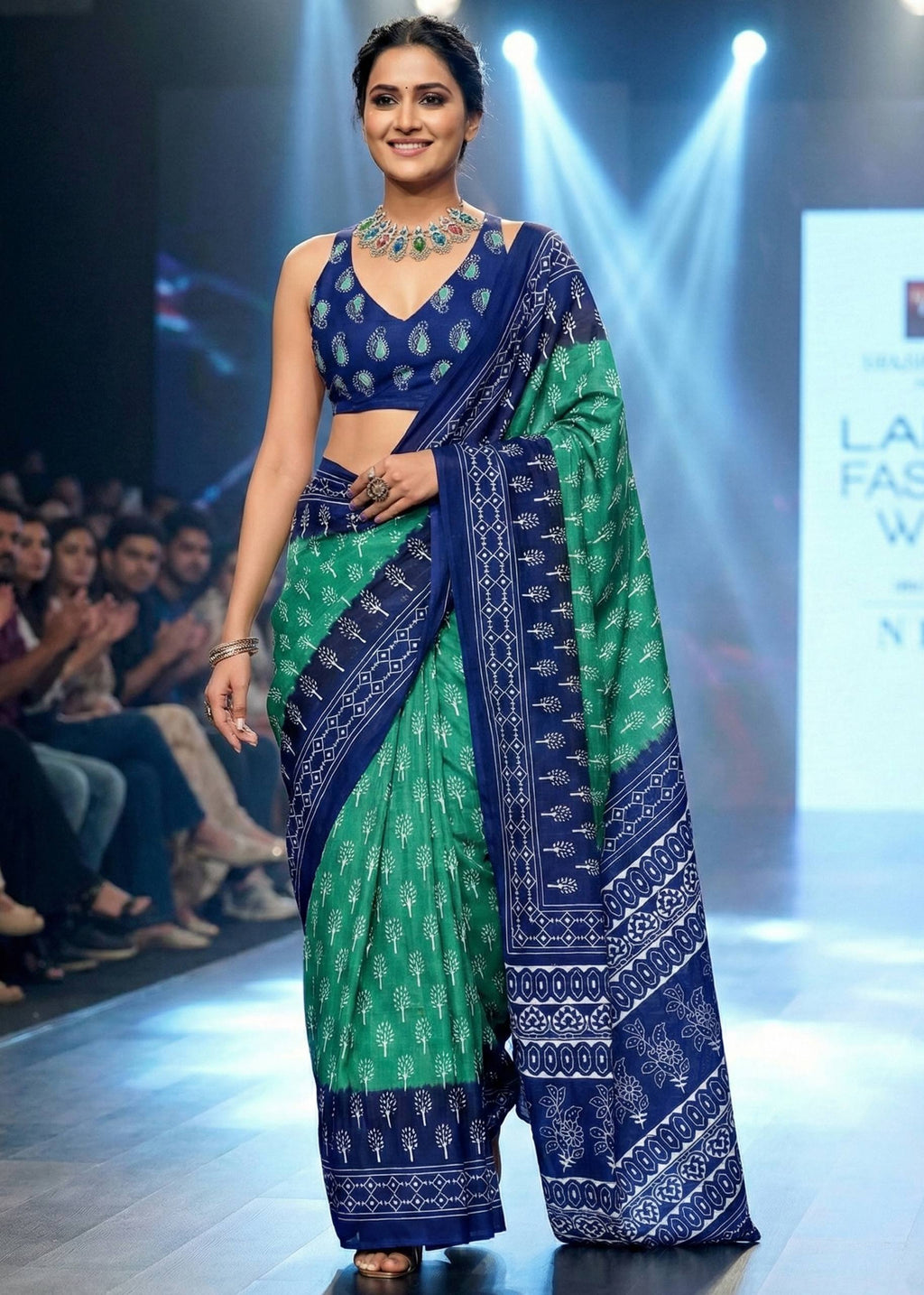 PURE MULMUL COTTON BAGRU HAND BLOCK PRINT GREEN SAREE WITH BLOUSE