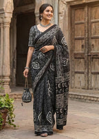 PURE COTTON TRADITIONAL INDIAN BATIK HAND BLOCK PRINT BLACK SAREE WITH BLOUSE