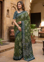 PURE COTTON TRADITIONAL INDIAN BATIK HAND BLOCK PRINT GREEN SAREE WITH BLOUSE