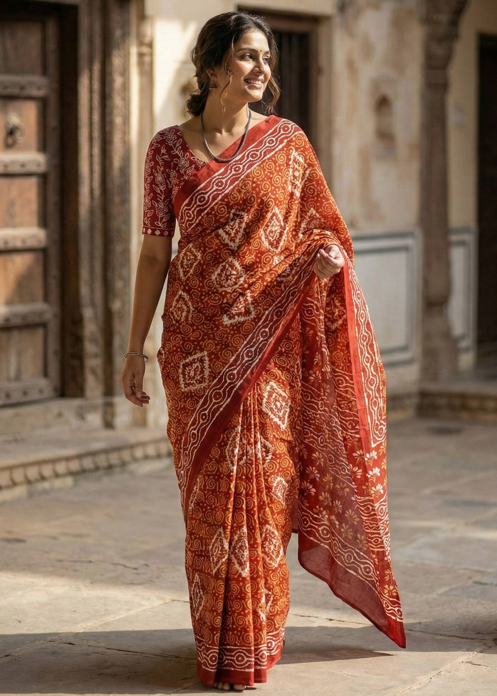 PURE COTTON TRADITIONAL INDIAN BATIK HAND BLOCK PRINT ORANGE SAREE WITH BLOUSE