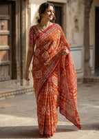 PURE COTTON TRADITIONAL INDIAN BATIK HAND BLOCK PRINT ORANGE SAREE WITH BLOUSE