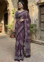 PURE COTTON TRADITIONAL INDIAN BATIK HAND BLOCK PRINT PURPLE SAREE WITH BLOUSE