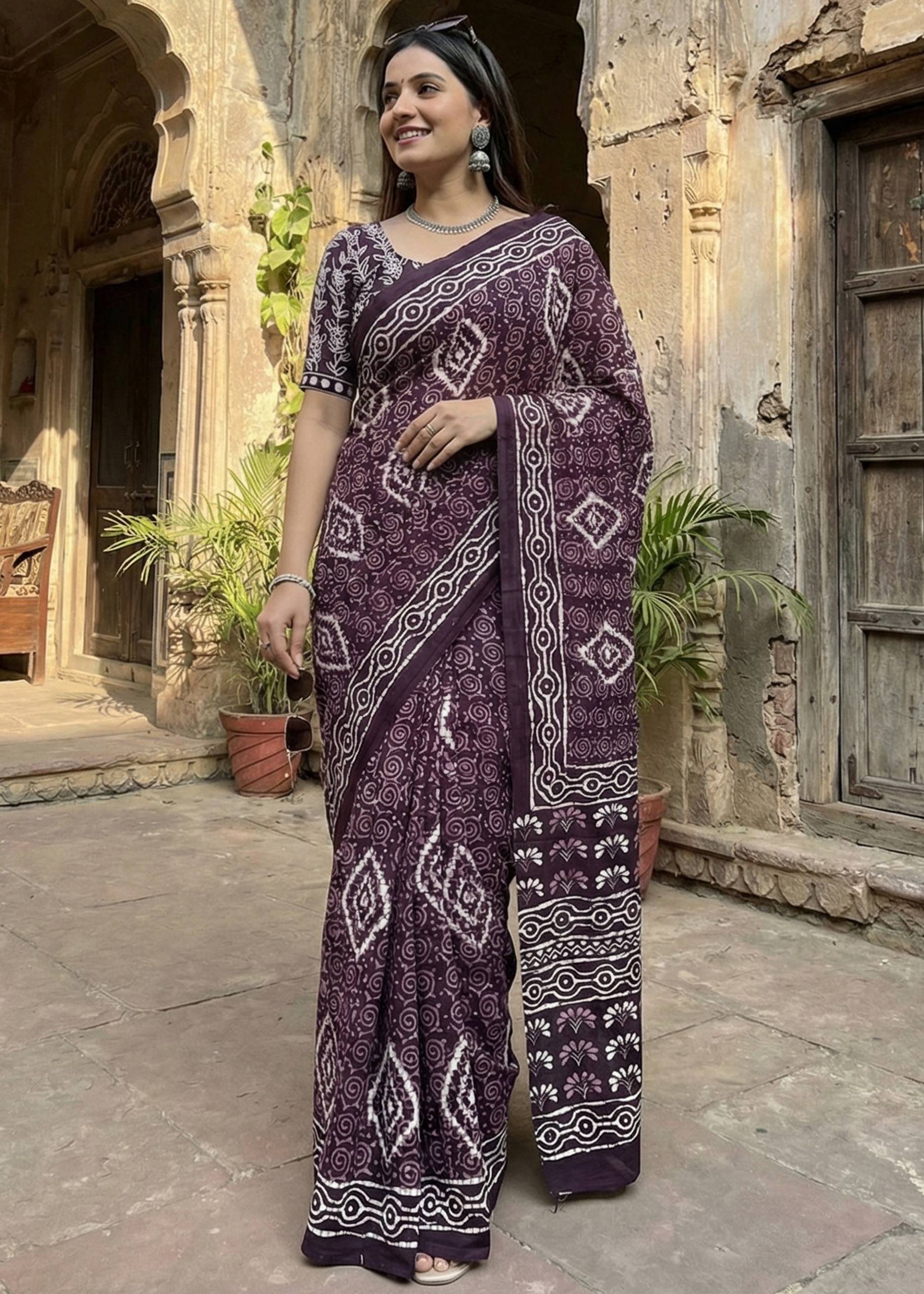 PURE COTTON TRADITIONAL INDIAN BATIK HAND BLOCK PRINT PURPLE SAREE WITH BLOUSE