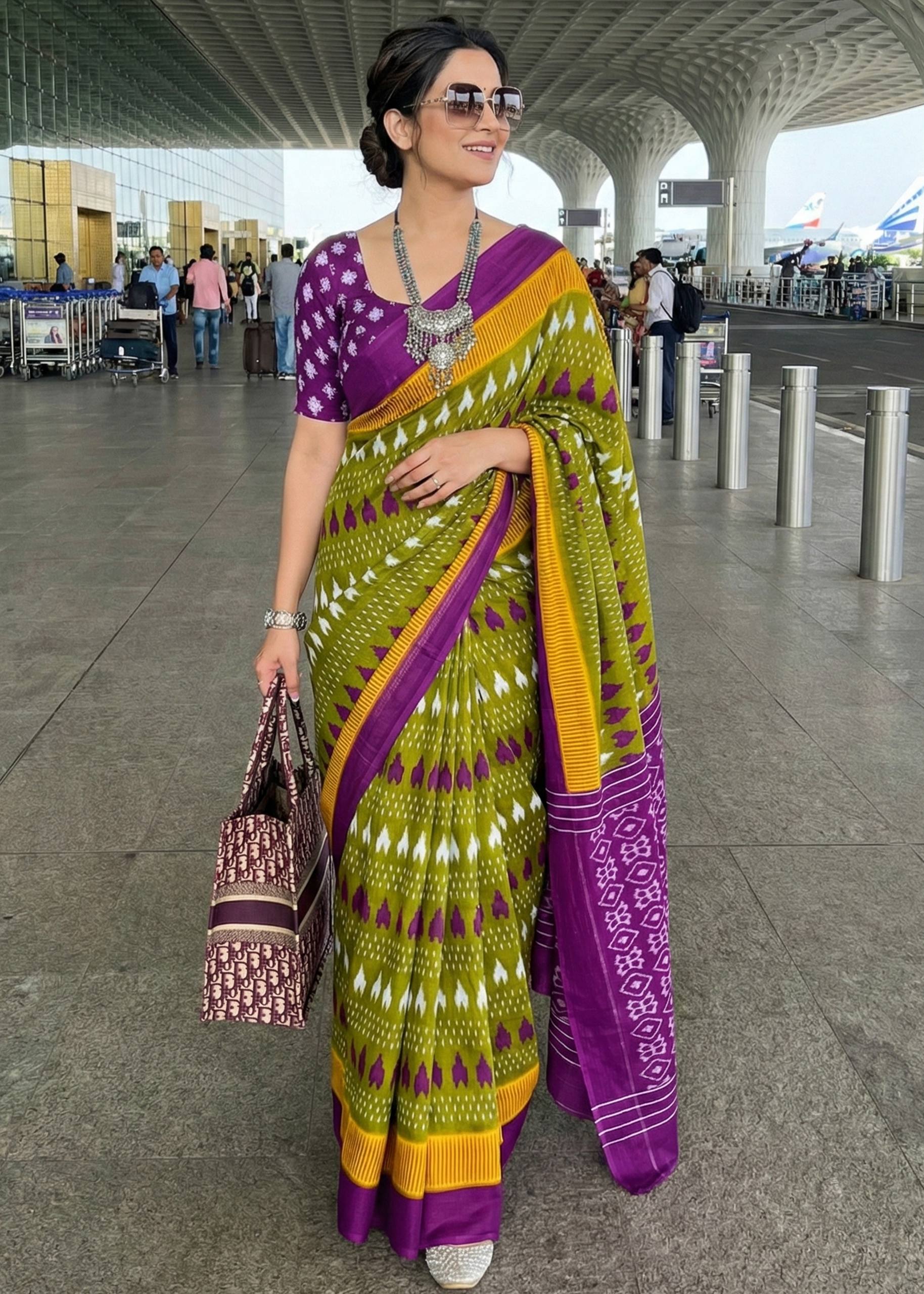 PURE MULMUL COTTON IKKAT HAND BLOCK PRINT MEHANDI GREEN SAREE WITH BLOUSE