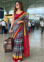 PURE MULMUL COTTON IKKAT HAND BLOCK PRINT GREY SAREE WITH BLOUSE