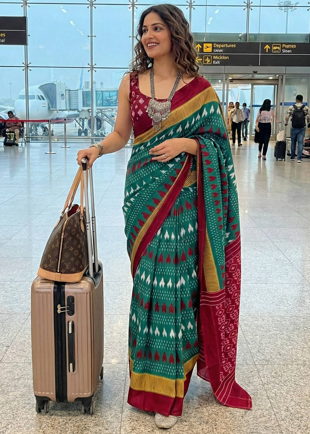 PURE MULMUL COTTON IKKAT HAND BLOCK PRINT GREEN SAREE WITH BLOUSE