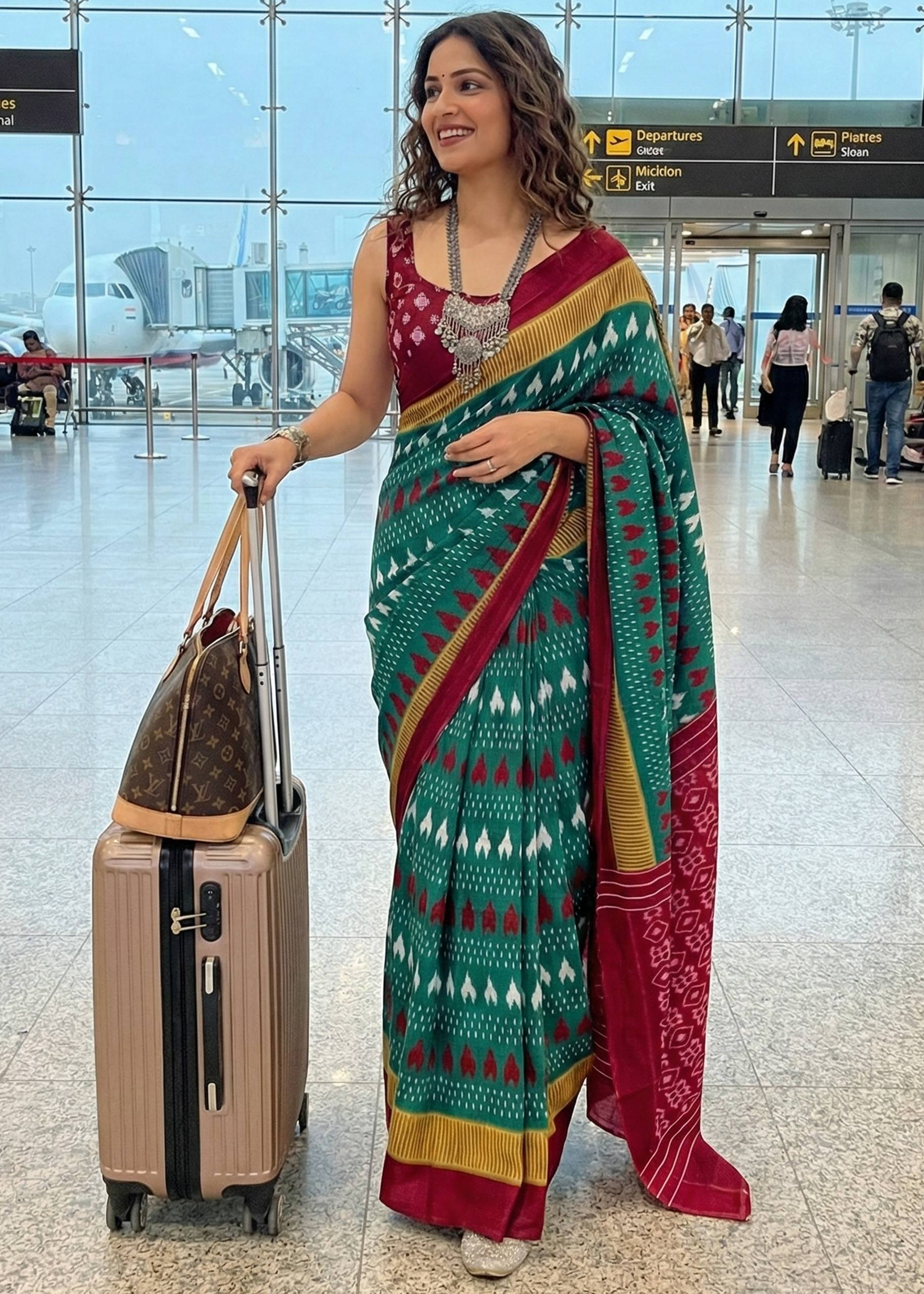 PURE MULMUL COTTON IKKAT HAND BLOCK PRINT GREEN SAREE WITH BLOUSE