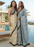 PURE COTTON JAIPURI BLOCK PRINT GREY SAREE WITH BLOUSE
