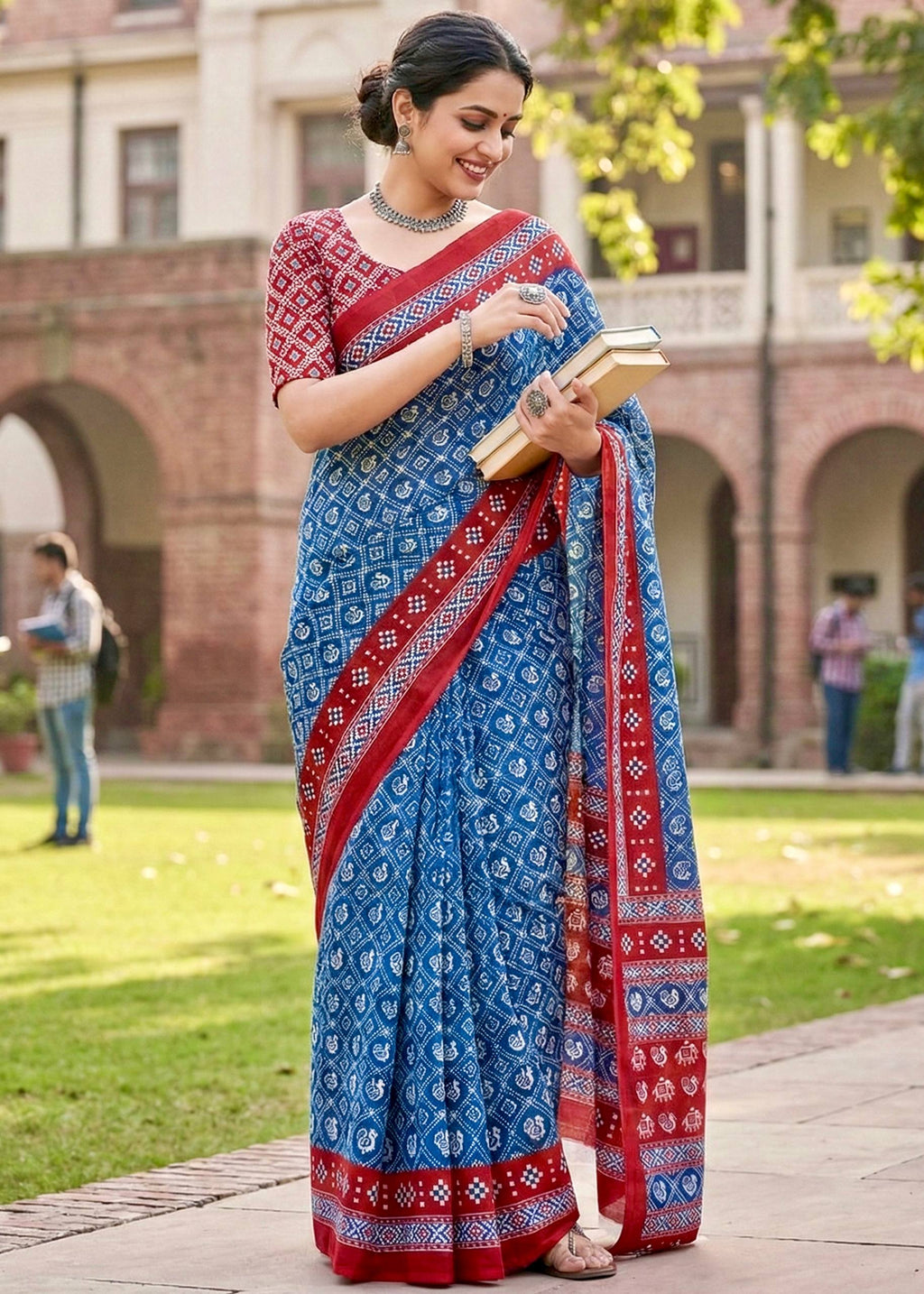 PURE MULMUL COTTON PATOLA HAND BLOCK STYLE PRINT BLUE SAREE WITH BLOUSE