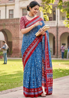 PURE MULMUL COTTON PATOLA HAND BLOCK STYLE PRINT BLUE SAREE WITH BLOUSE