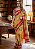 PURE MULMUL COTTON PATOLA HAND BLOCK STYLE PRINT MUSTURD SAREE WITH BLOUSE