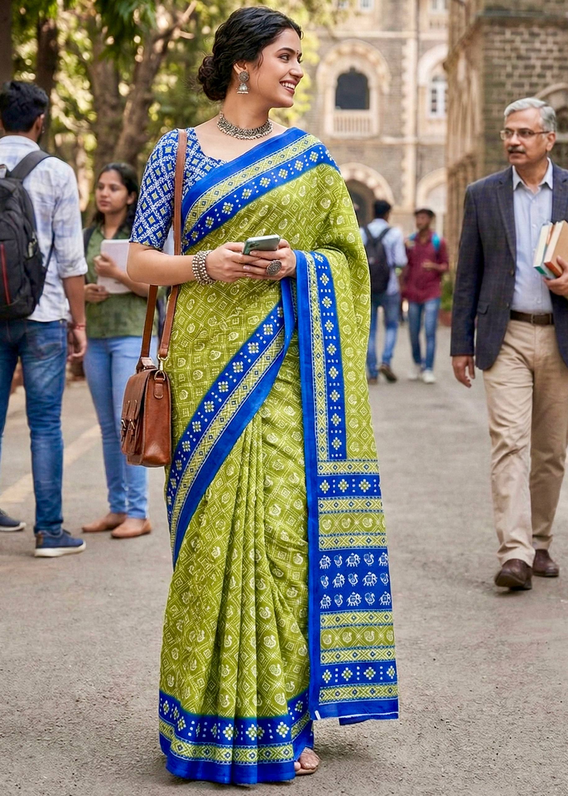PURE MULMUL COTTON PATOLA HAND BLOCK STYLE PRINT MEHANDI GREEN SAREE WITH BLOUSE