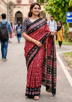 PURE MULMUL COTTON PATOLA HAND BLOCK STYLE PRINT RED SAREE WITH BLOUSE