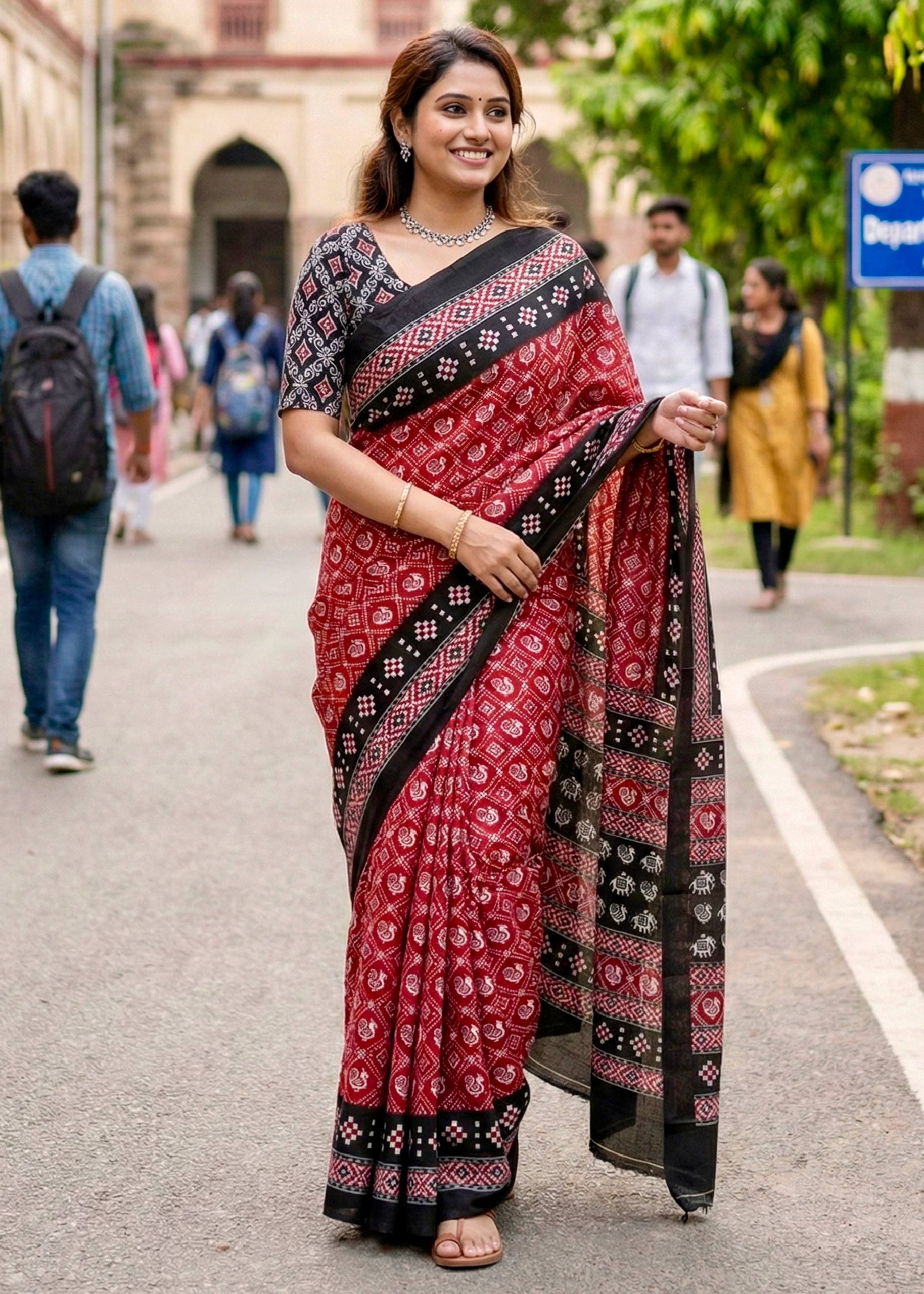 PURE MULMUL COTTON PATOLA HAND BLOCK STYLE PRINT RED SAREE WITH BLOUSE