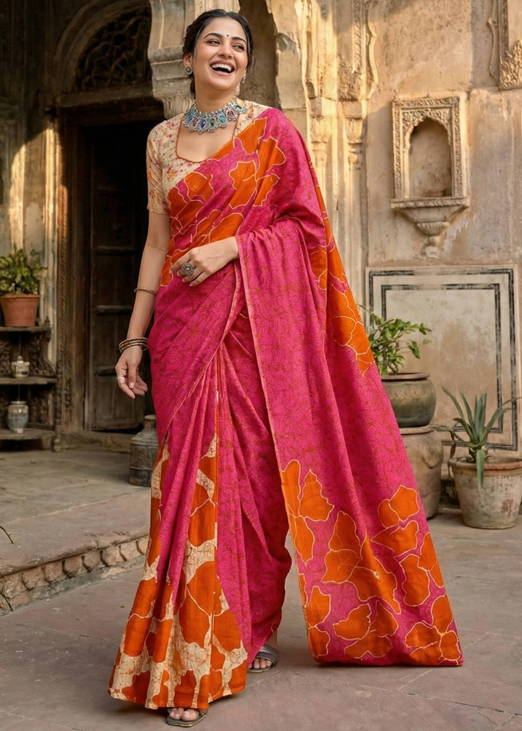 PURE MULMUL COTTON FLORAL BATIK HAND BLOCK STYLE PRINT PINK SAREE WITH BLOUSE