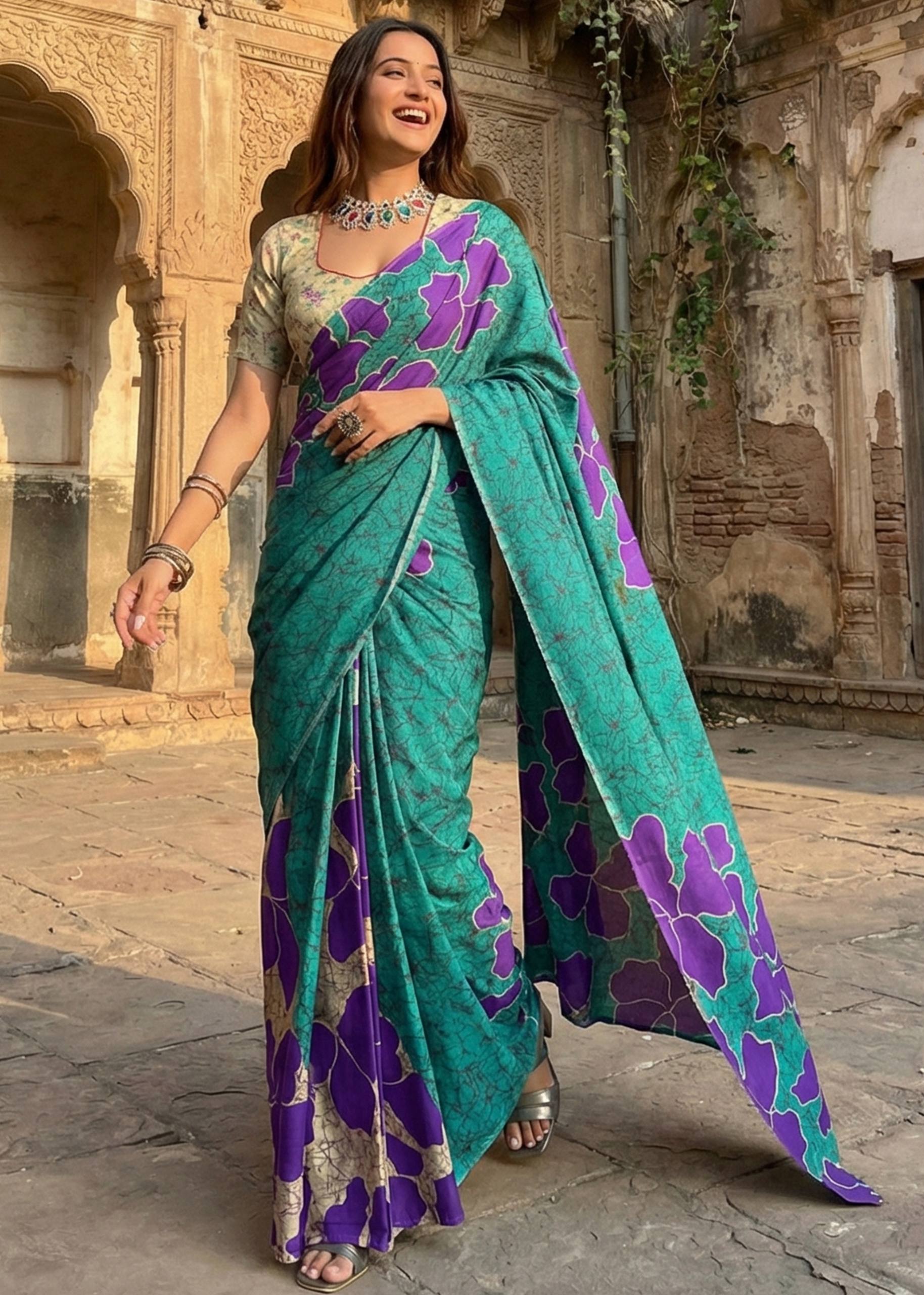 PURE MULMUL COTTON FLORAL BATIK HAND BLOCK STYLE PRINT BLUE SAREE WITH BLOUSE