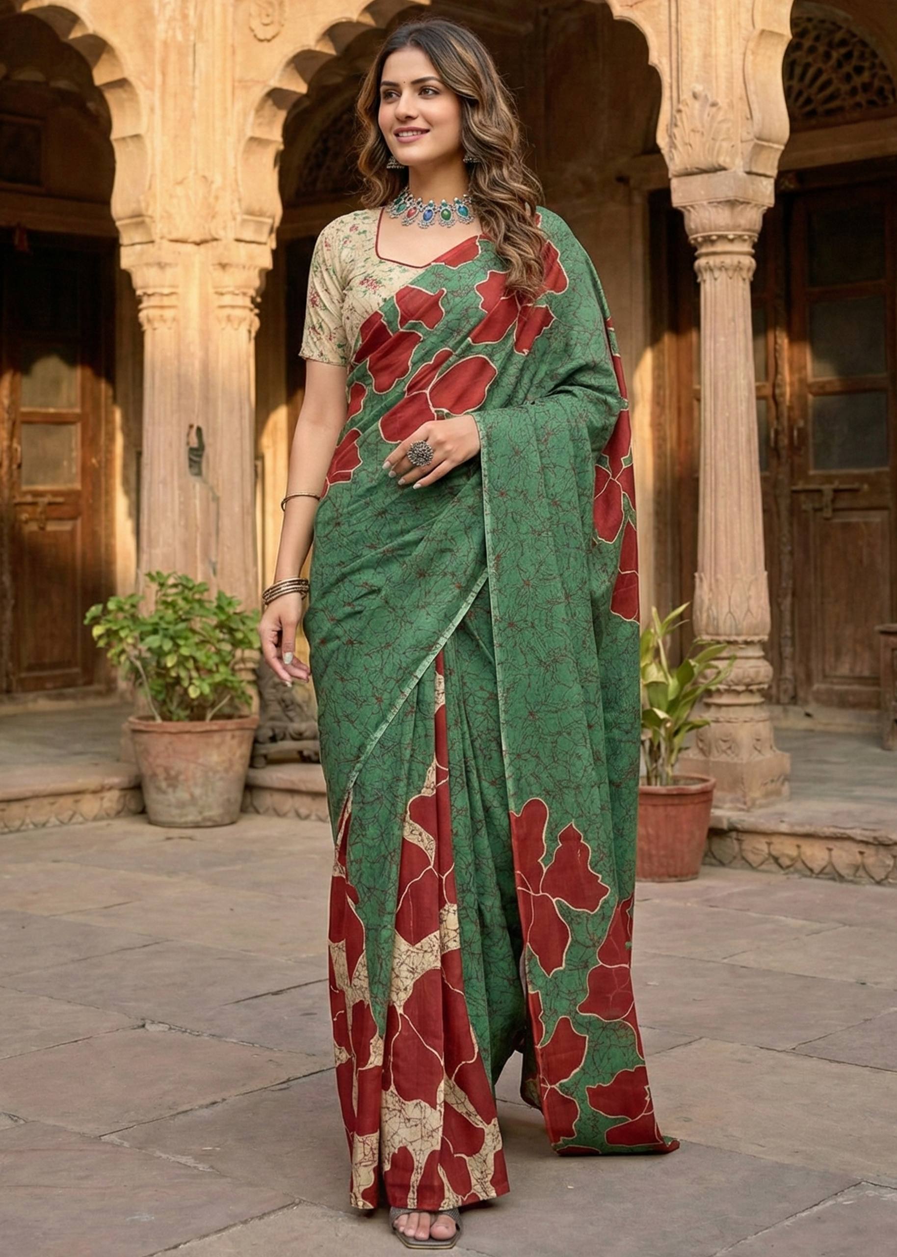 PURE MULMUL COTTON FLORAL BATIK HAND BLOCK STYLE PRINT GREEN SAREE WITH BLOUSE