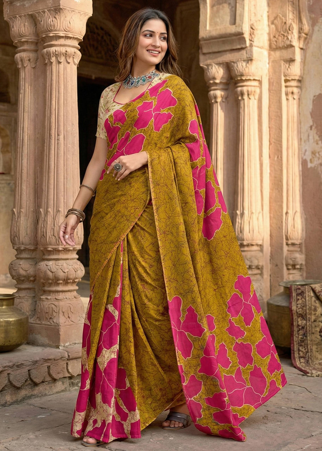 PURE MULMUL COTTON FLORAL BATIK HAND BLOCK STYLE PRINT MUSTURD SAREE WITH BLOUSE