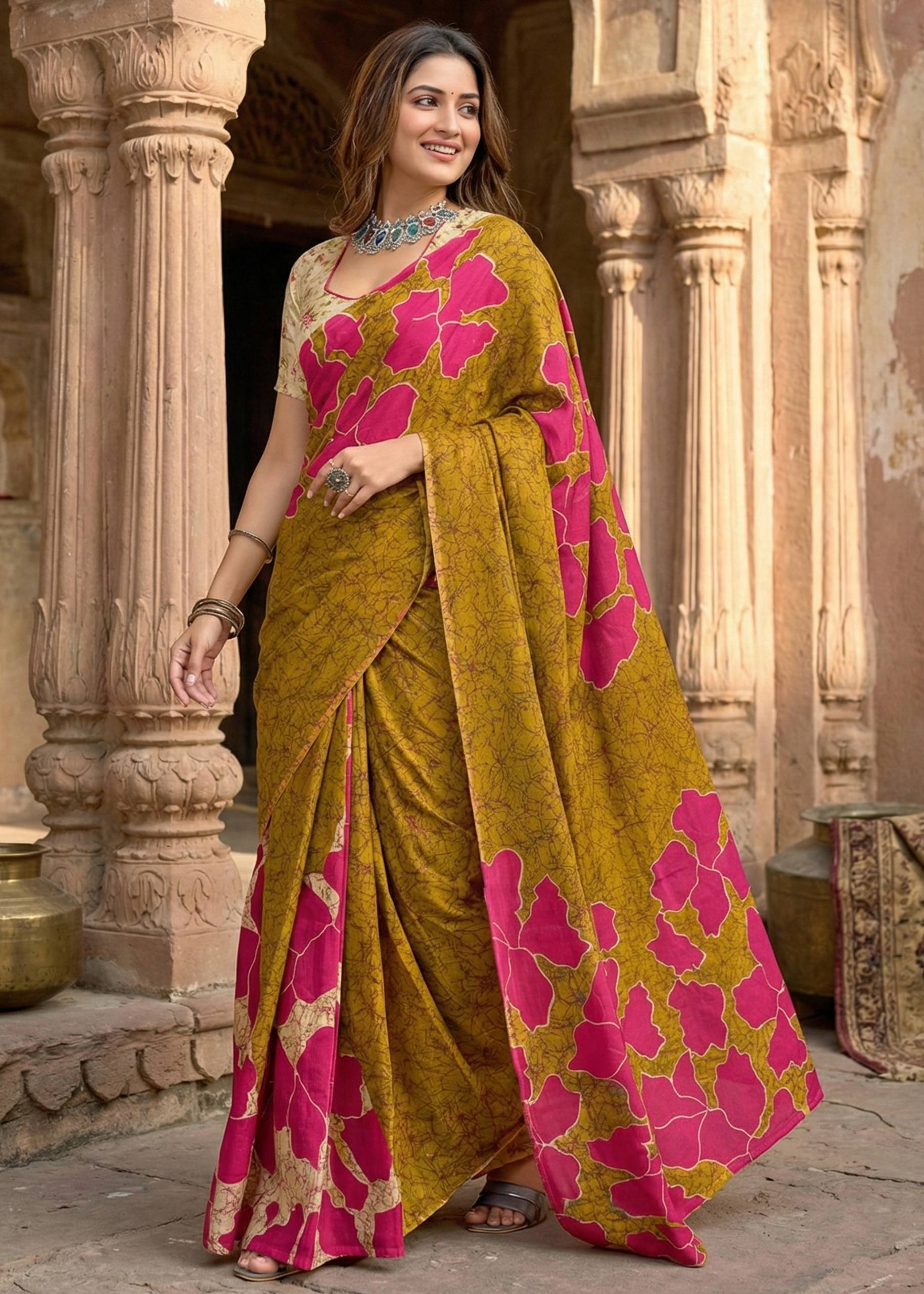 PURE MULMUL COTTON FLORAL BATIK HAND BLOCK STYLE PRINT MUSTURD SAREE WITH BLOUSE